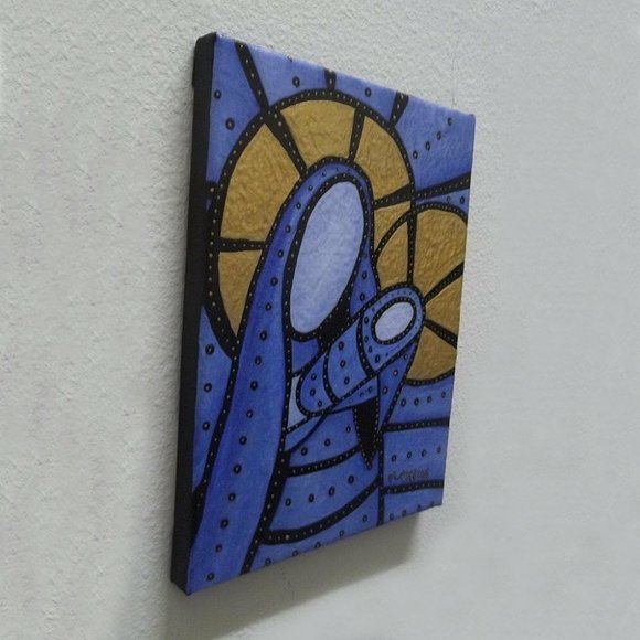 Blue Gold Abstract Art Original Mother Child Acrylic Christmas Painting - Picture 2 of 4